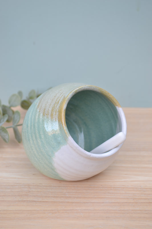 Salt Pig and Spoon Set- Apple Blossom and White