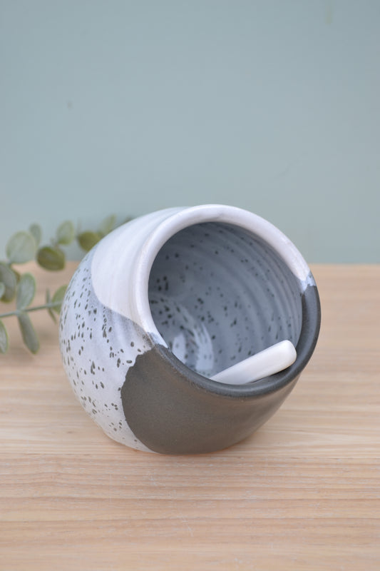 Salt Pig and Spoon Set- Charcoal and White