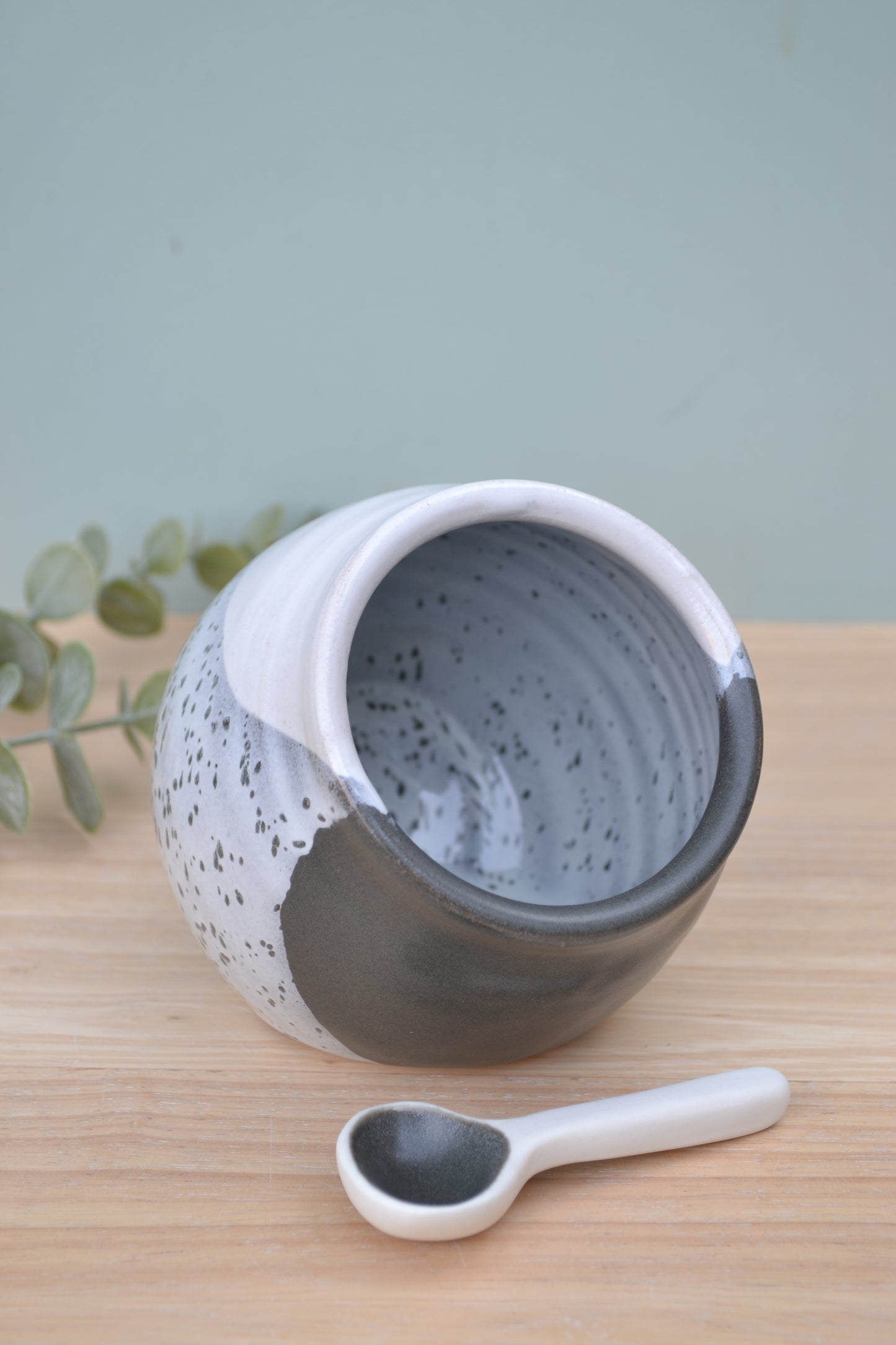 Salt Pig and Spoon Set- Charcoal and White
