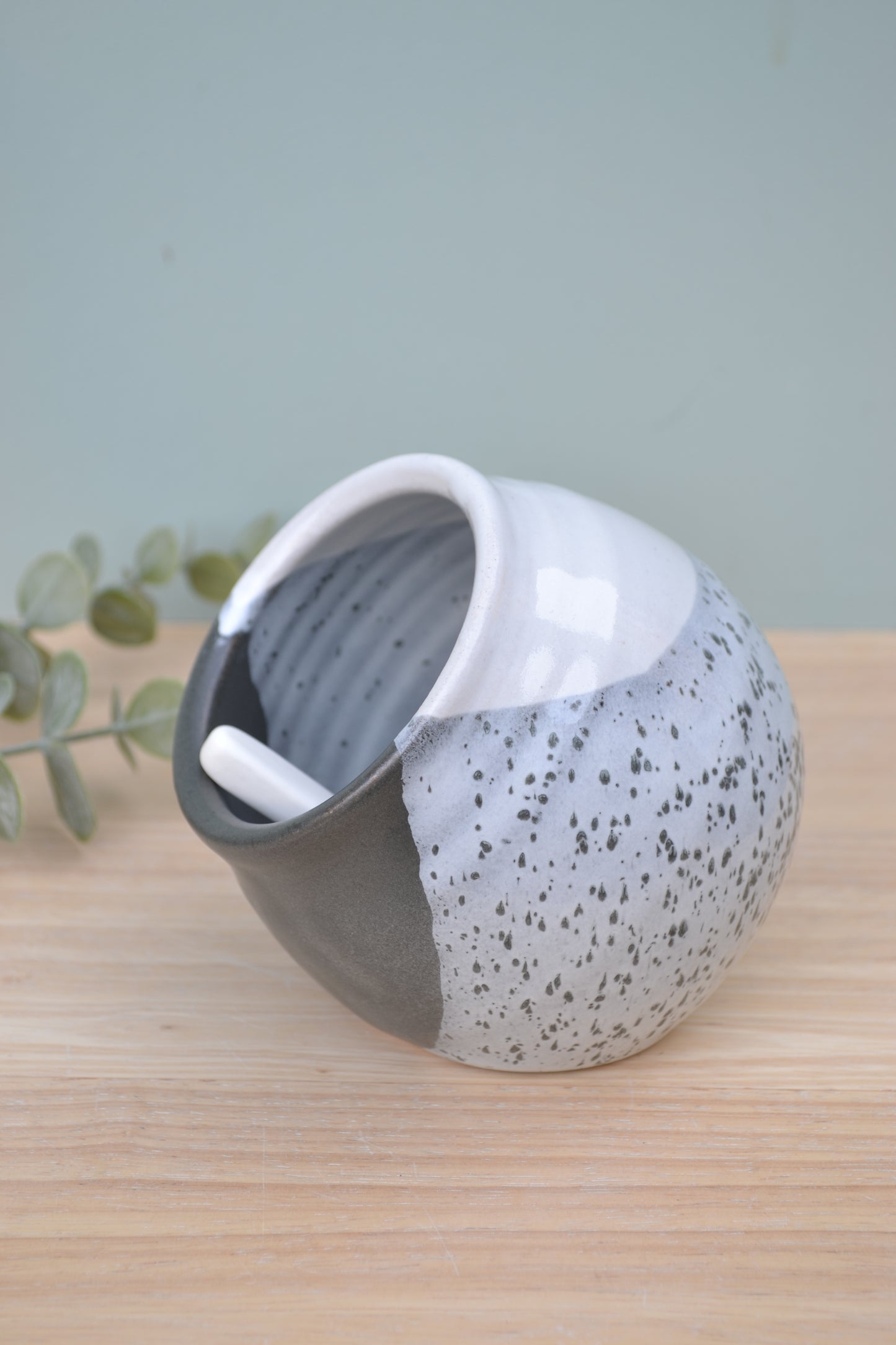 Salt Pig and Spoon Set- Charcoal and White