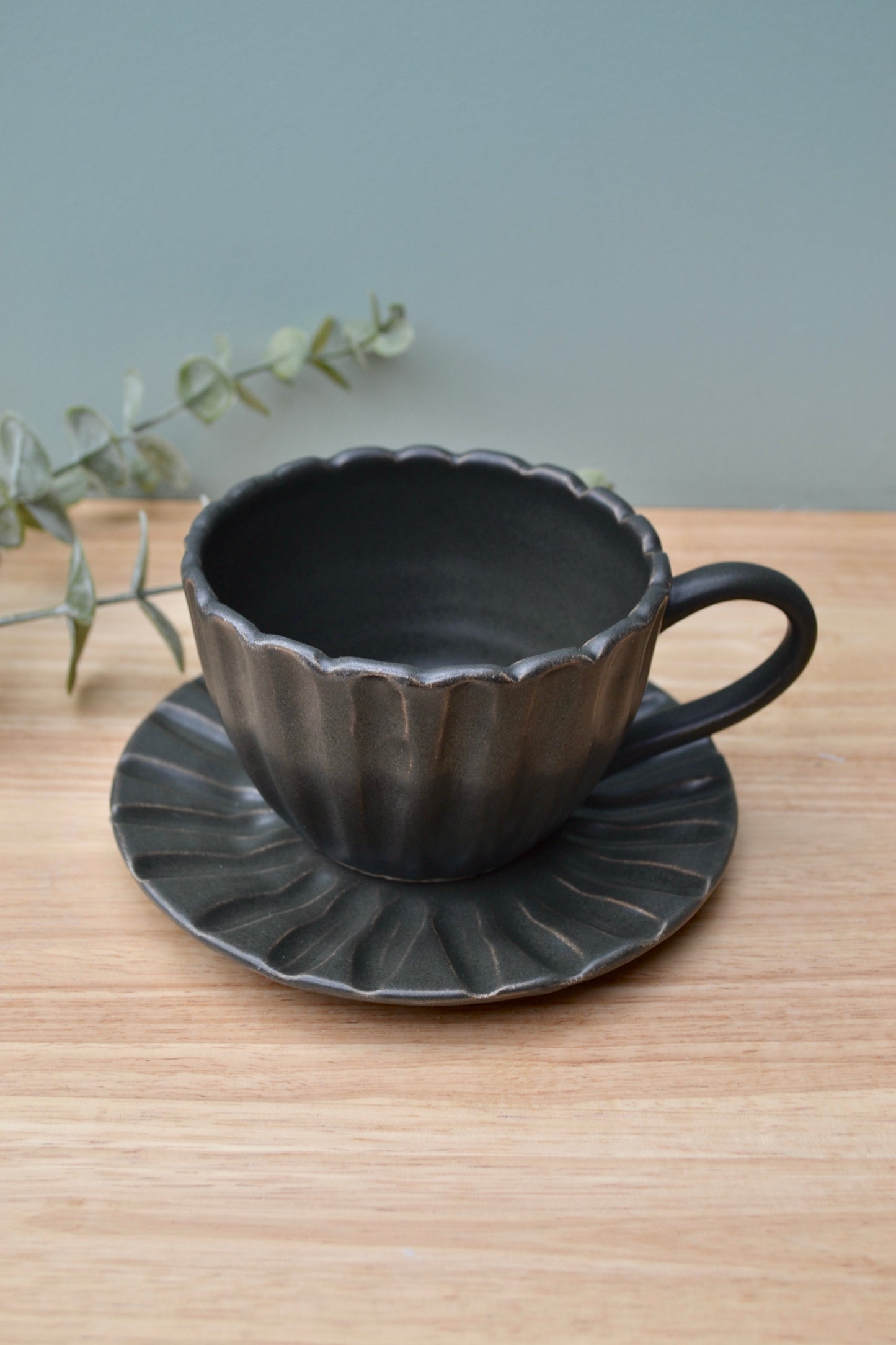 Charcoal Grey Tea Cup and Saucer