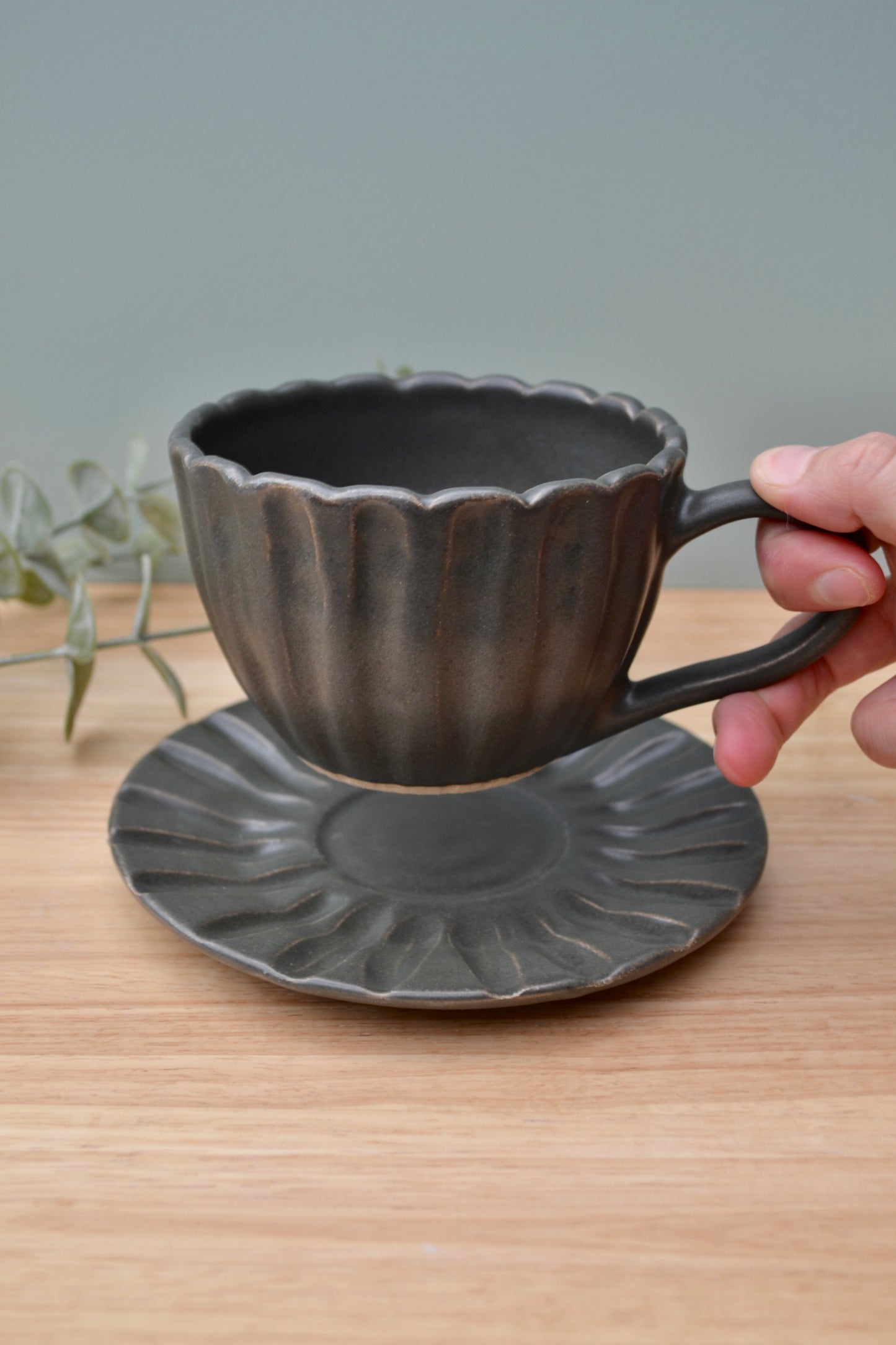 Charcoal Grey Tea Cup and Saucer