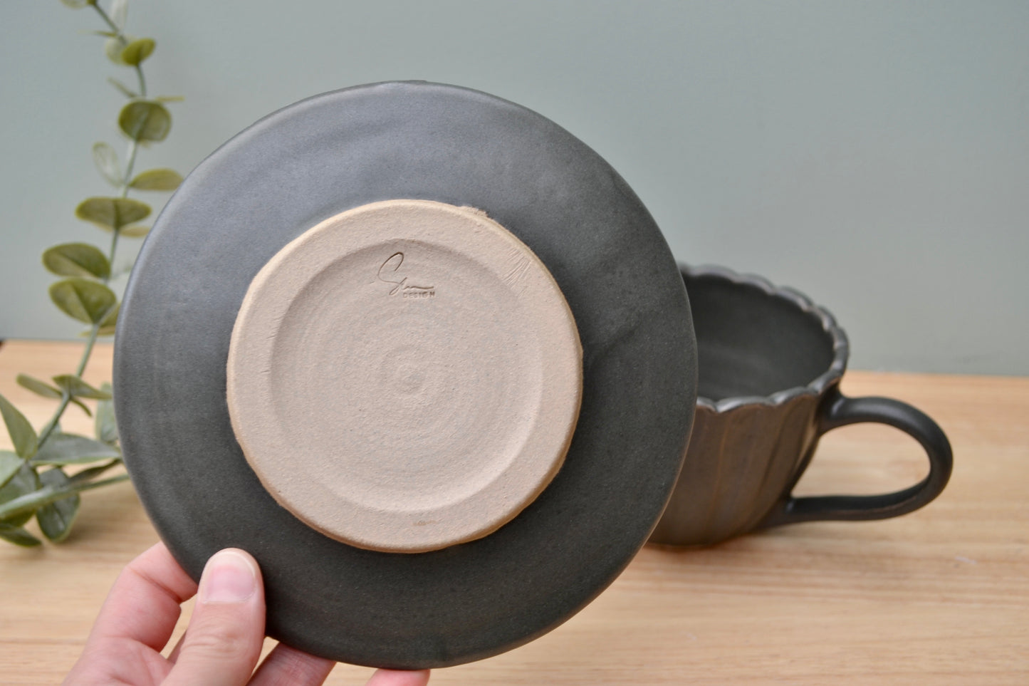 Charcoal Grey Tea Cup and Saucer