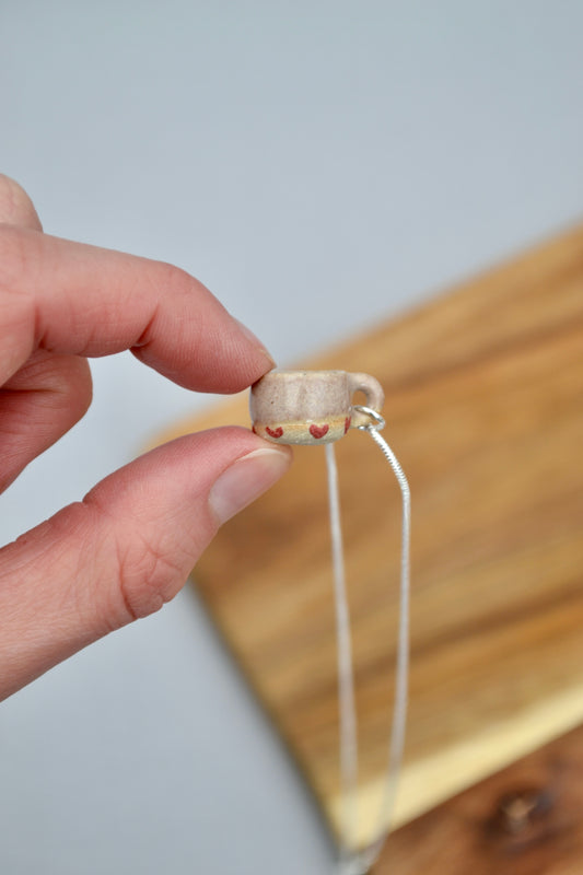 Mini Mug Necklace- pink with hearts