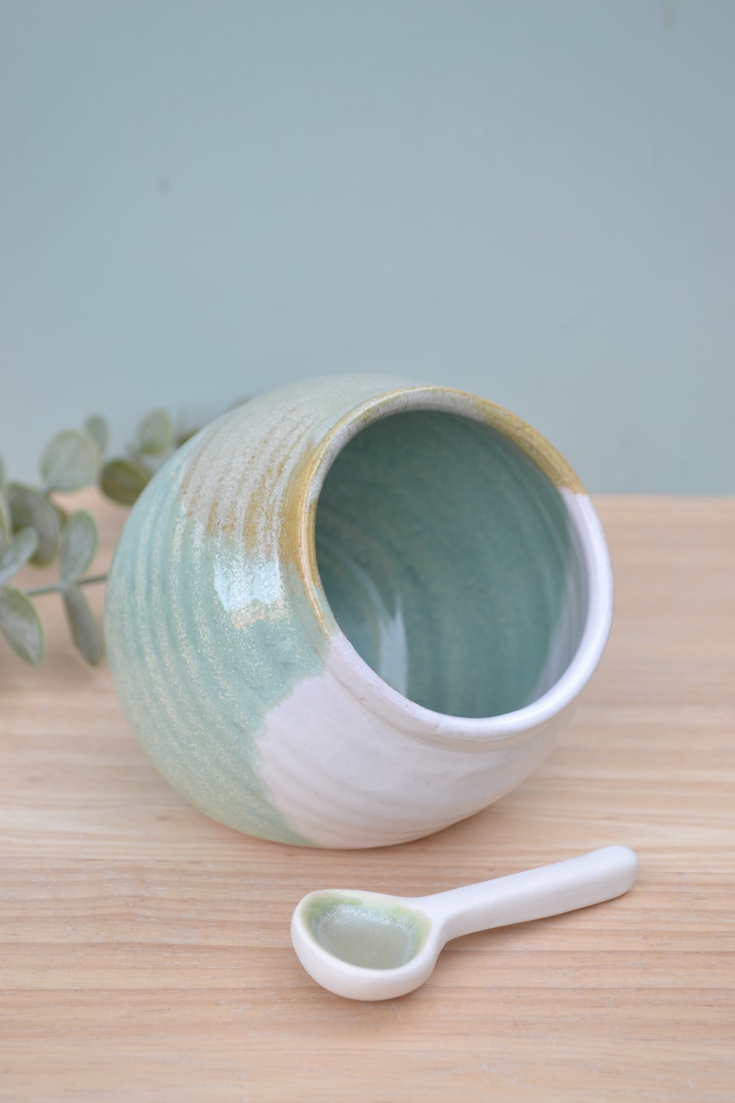 Salt Pig and Spoon Set- Apple Blossom and White