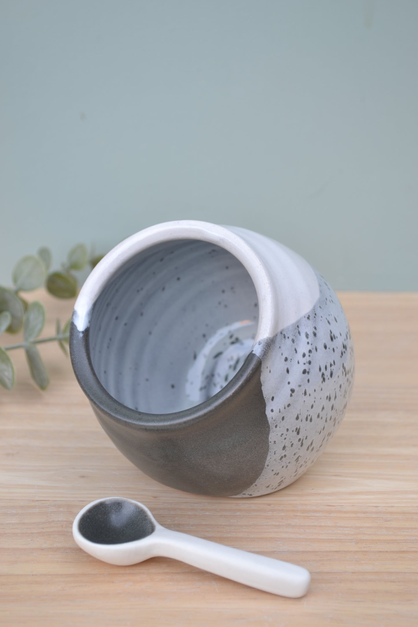 Salt Pig and Spoon Set- Charcoal and White