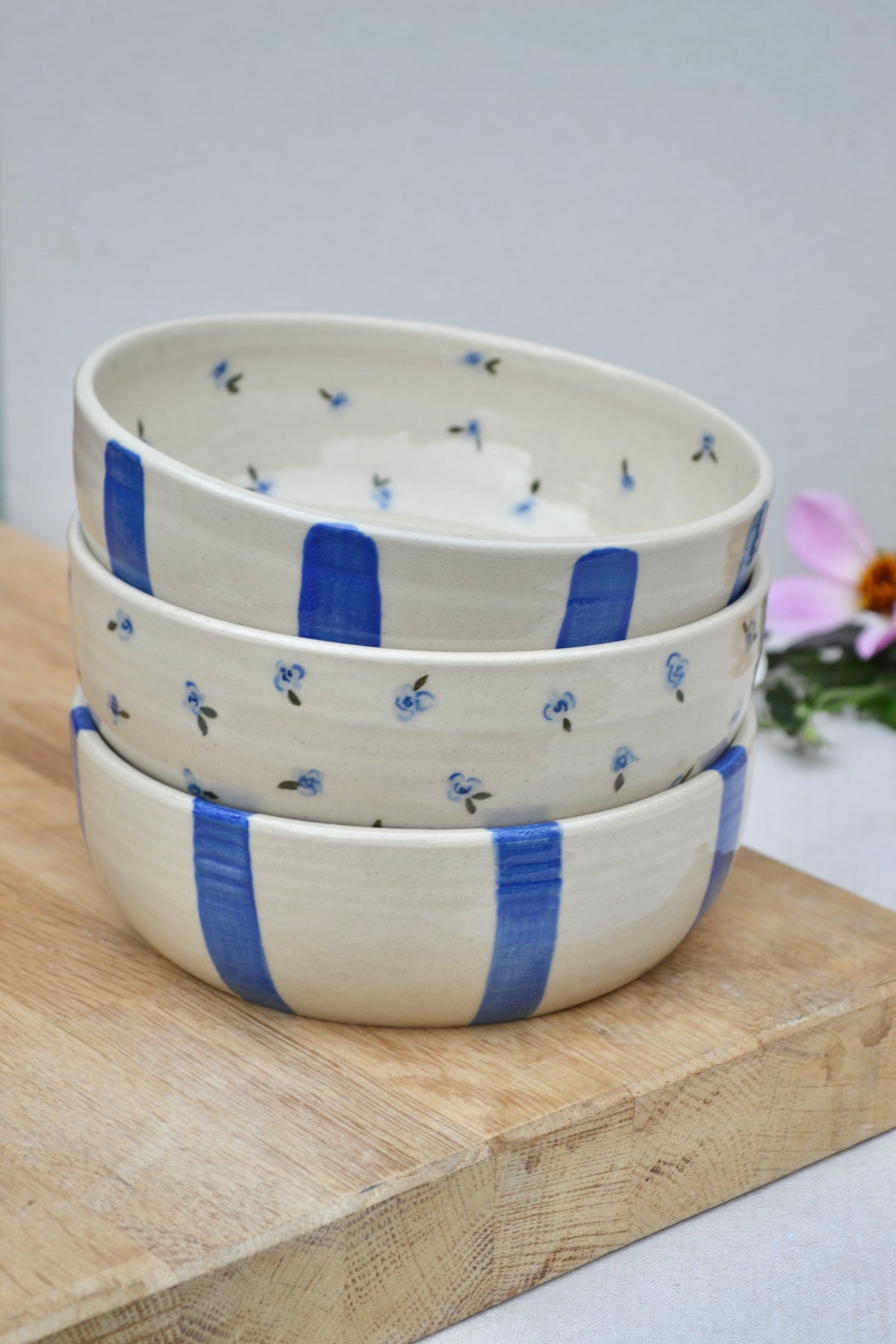 Pasta Bowl- Blue Floral Stripe