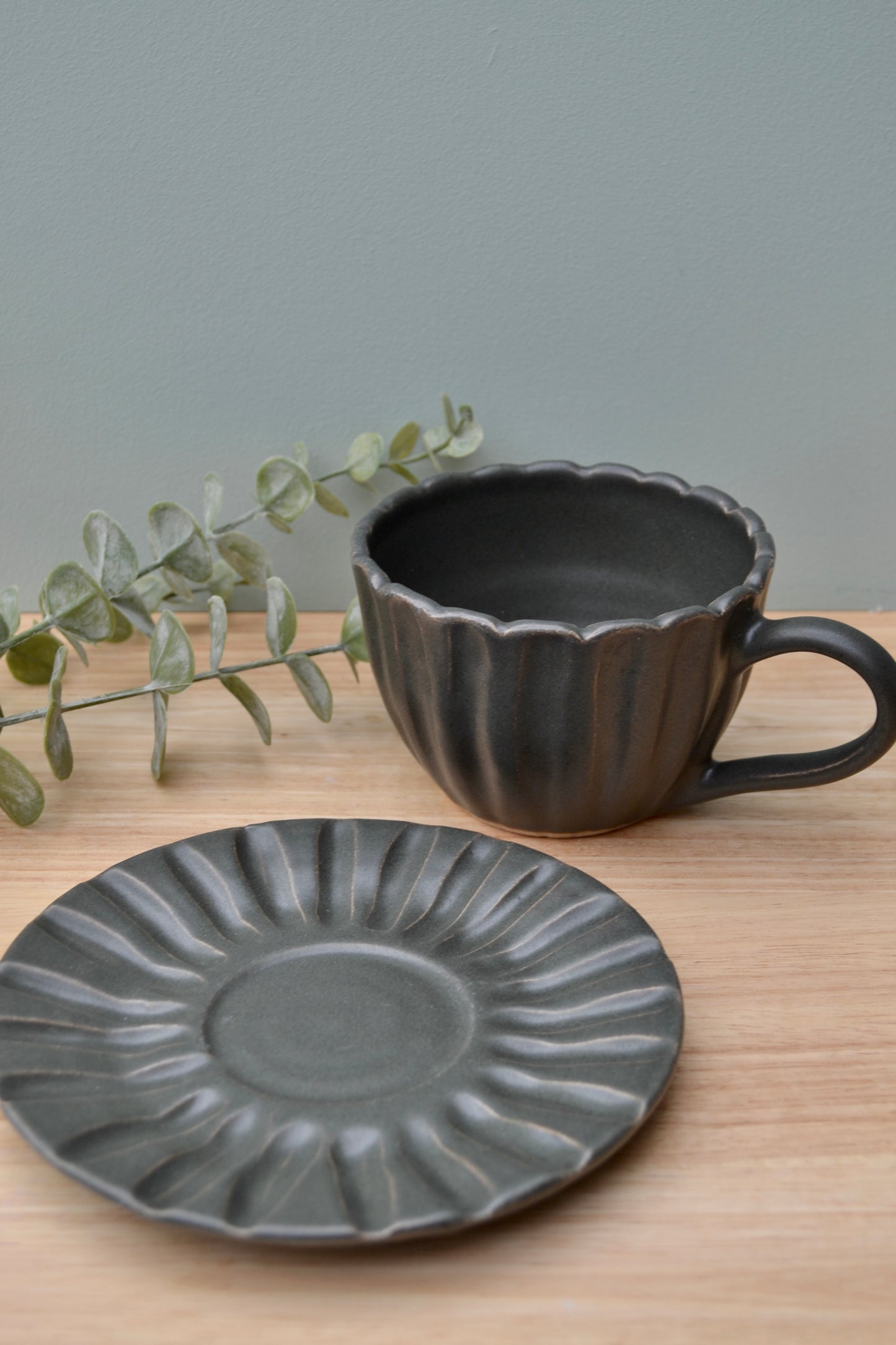 Charcoal Grey Tea Cup and Saucer